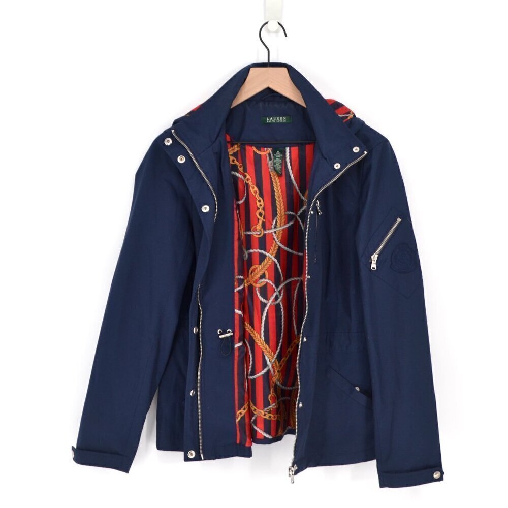 Lauren Ralph Lauren Cotton Twill Spring Coat Jacket Stowaway Hood Navy Women's M